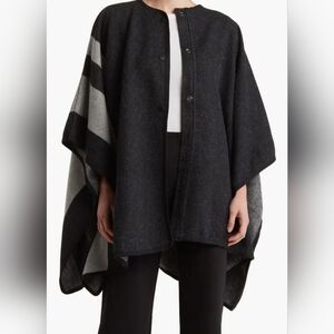 Modena Charcoal Grey Academia Blocky Striped Snap Button Front Ruana